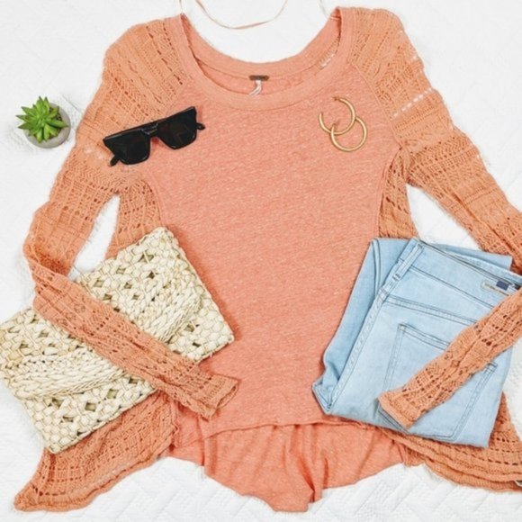 Free People Tops - SOLD Free People Lace Sleeve Tee Apricot